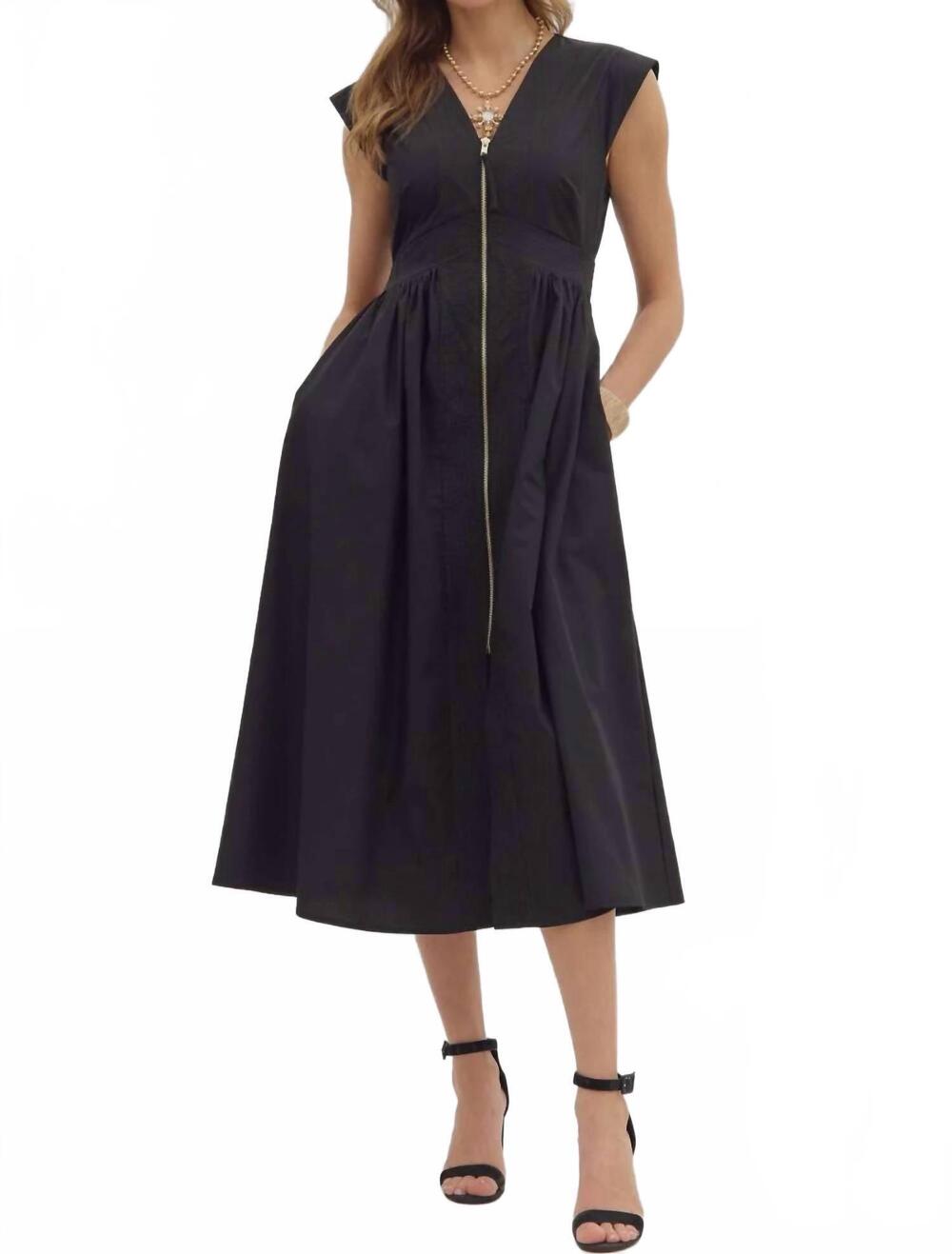 NEW ENTRO thalia v-neck zip-front midi dress in black